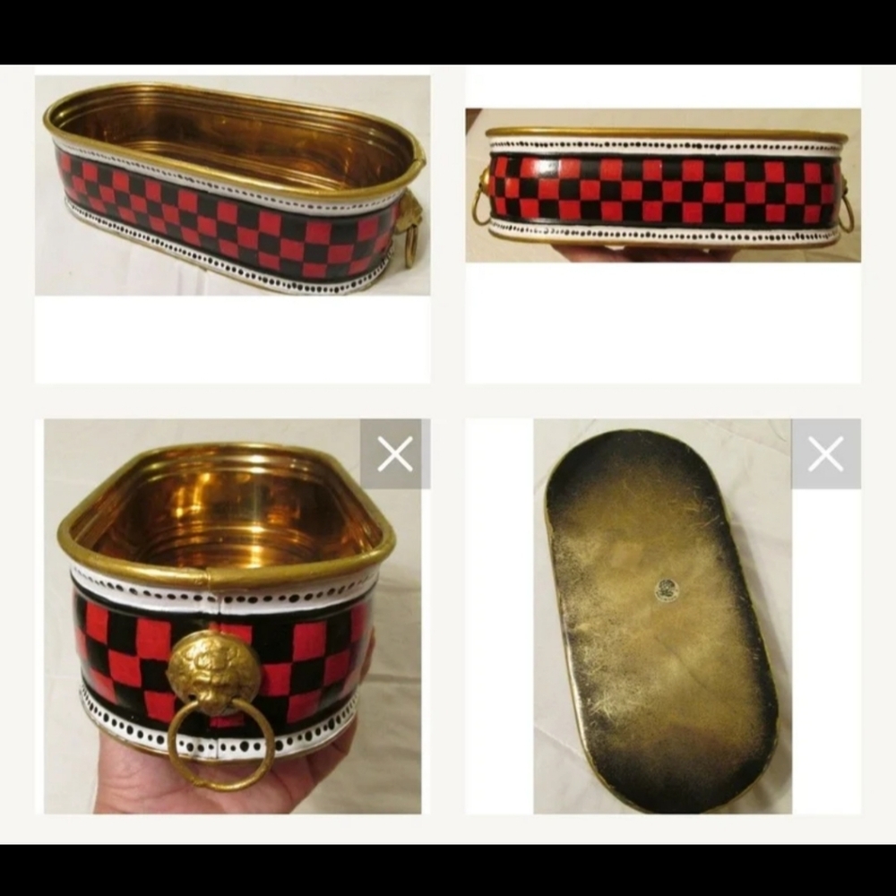 Upcycled Oblong Vtg Brass Planter Handpainted Buffalo Checks
